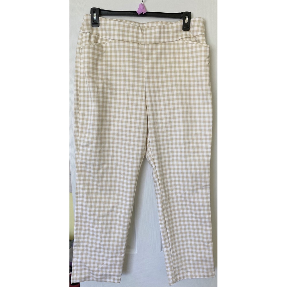 Croft Barrow Womens Pants 14 Short Effortless Stretch Beige Gingham Capri Crop